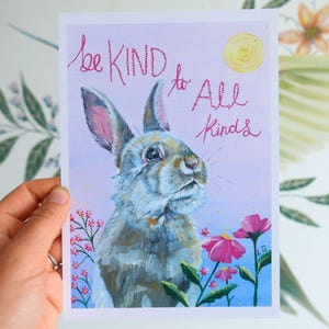 Stampa su carta riciclata vegana A5 / Dipinto di coniglio / Arte vegana / Arte di coniglio / Regalo di compleanno vegano / Regalo vegano ecologico / Scegli la gentilezza
