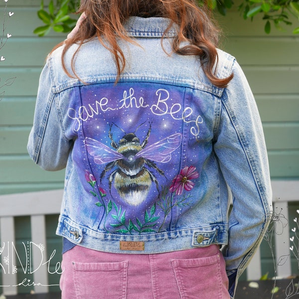 Hand painted Denim Jacket 'Save The Bees' / Eco upcycled Denim Jacket / Vegan Friendly Painted Jacket