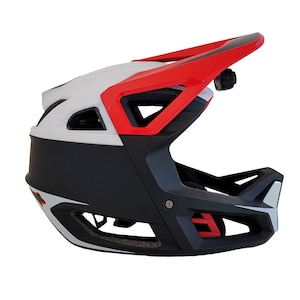 May include: A black, white, and red full-face bicycle helmet with a visor. The helmet has a chin bar and a removable chin guard.