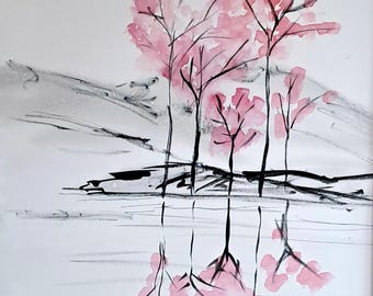 Am Seeufer, Tusche und Aquarell auf Leinwand, 50 x 70 cm