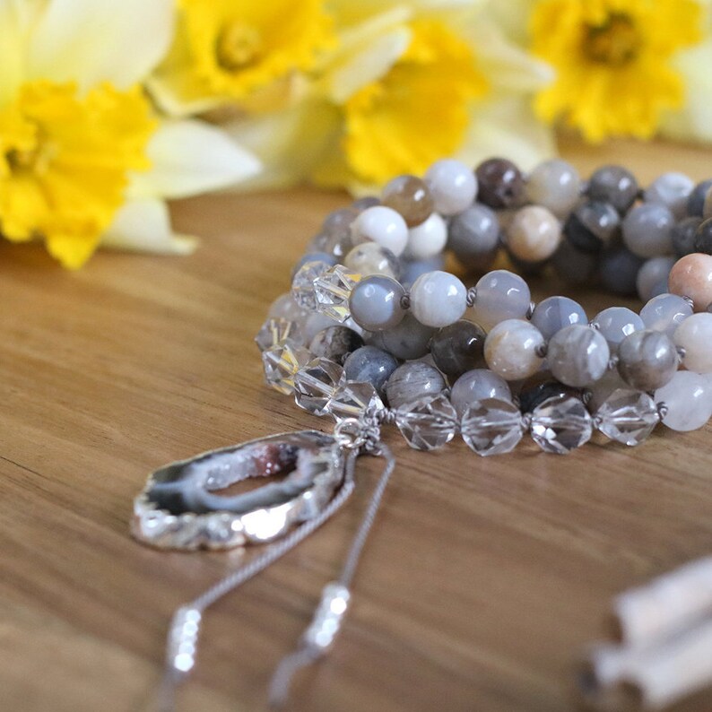 Rock Crystal necklace yoga gifts long beaded necklace Bamboo Leaf Jasper mala necklace meditation mala 108 mala beads prayer beads