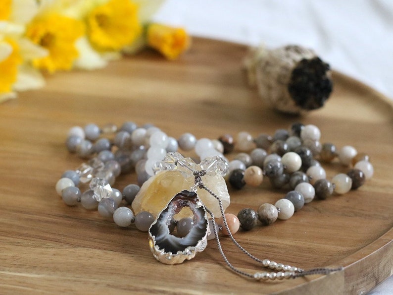 Rock Crystal necklace yoga gifts long beaded necklace Bamboo Leaf Jasper mala necklace meditation mala 108 mala beads prayer beads