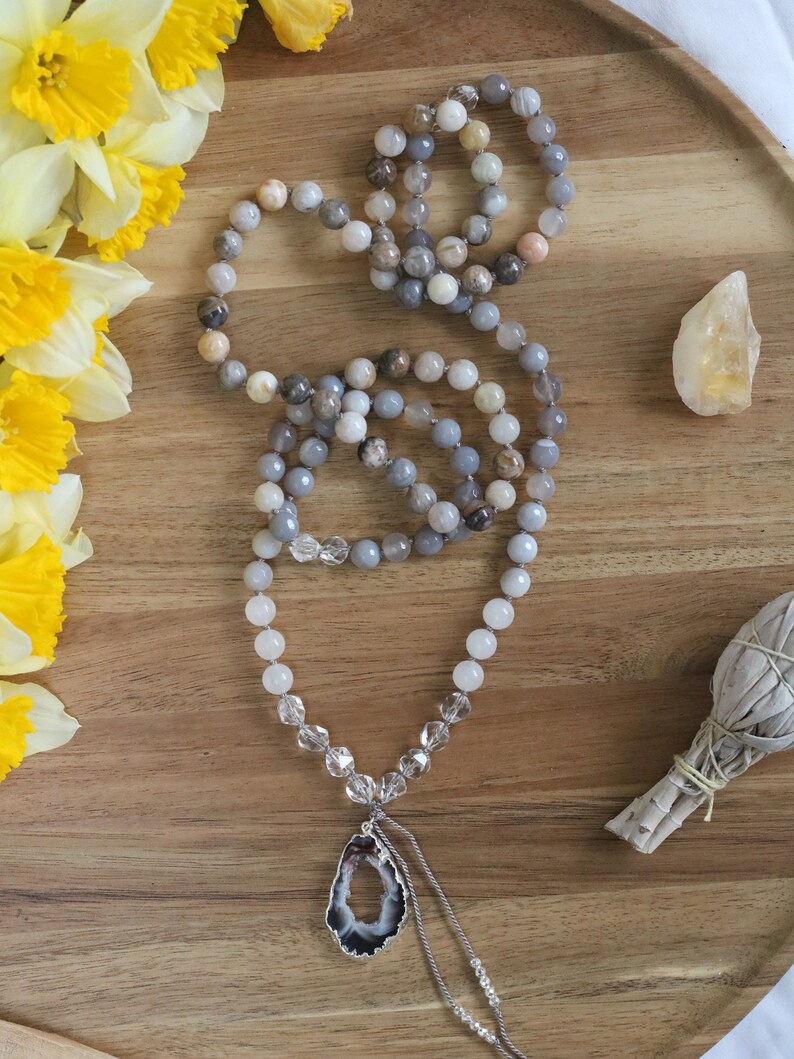Rock Crystal necklace yoga gifts long beaded necklace Bamboo Leaf Jasper mala necklace meditation mala 108 mala beads prayer beads