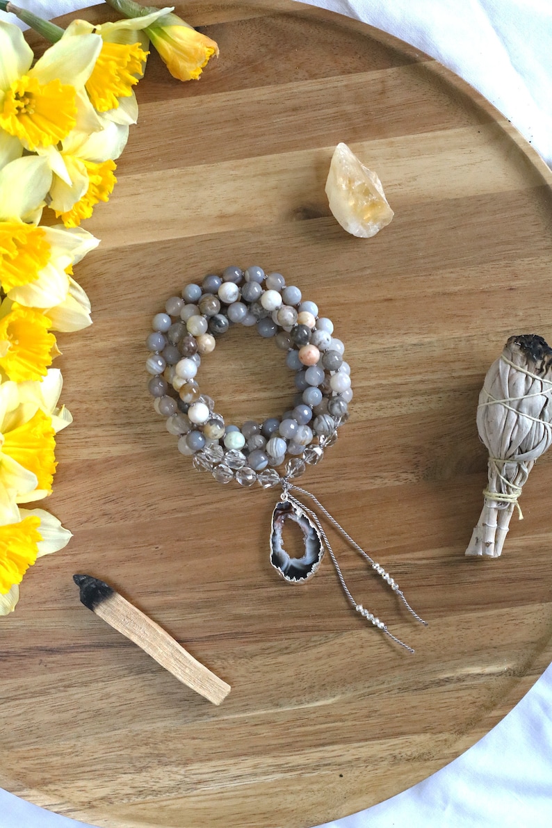 Rock Crystal necklace yoga gifts long beaded necklace Bamboo Leaf Jasper mala necklace meditation mala 108 mala beads prayer beads