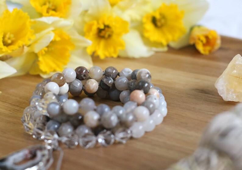 Rock Crystal necklace yoga gifts long beaded necklace Bamboo Leaf Jasper mala necklace meditation mala 108 mala beads prayer beads