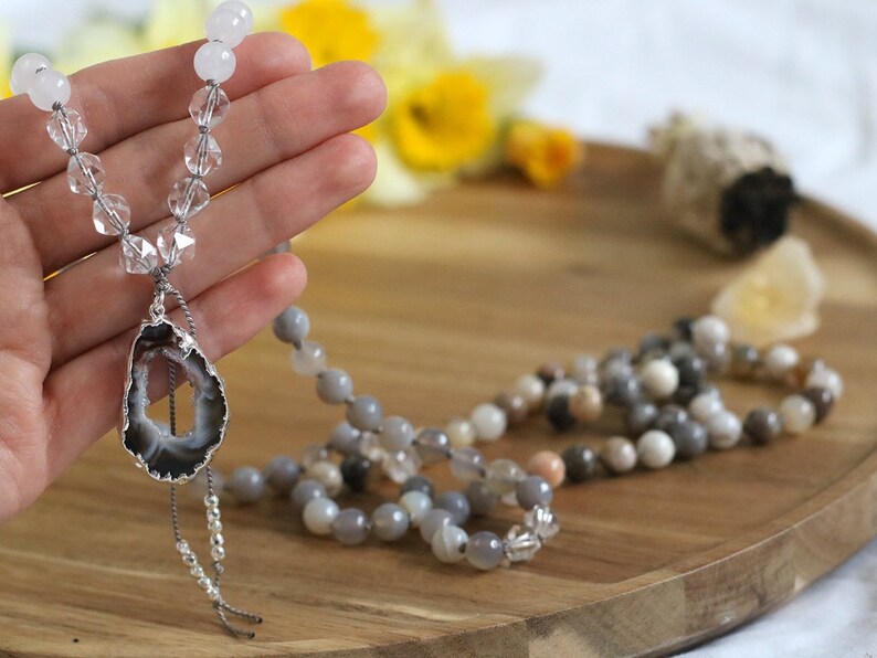 Rock Crystal necklace yoga gifts long beaded necklace Bamboo Leaf Jasper mala necklace meditation mala 108 mala beads prayer beads