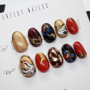 Press on nails short - &quot;Golden Crane&quot; | False nails | Press on nails trendy | Short press on nails | asian nails |