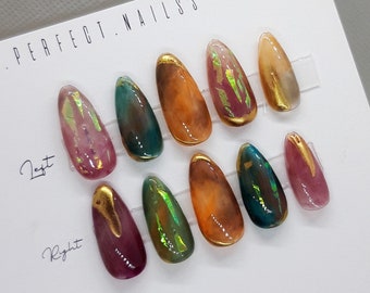 Press on nails short -"Stained Glass Window" False nails | Press on nails trendy | Short press on nails |