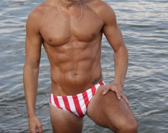 Swimwear Men&#39;s Swim Trunks , Mens  Bikini Swim Briefs, Red & White Striped Briefs Man Clothing