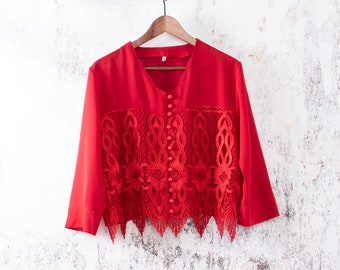 Top vintage rouge, chemisier brodé seventies