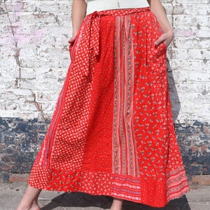 Seventies floral maxi skirt, red vintage maxi skirt, hippie skirt