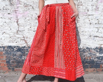 Seventies floral maxi skirt, red vintage maxi skirt, hippie skirt