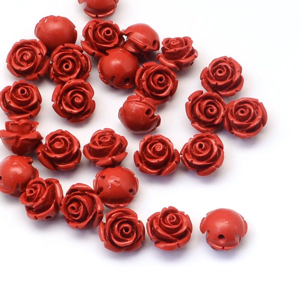 10 Rose Cinnabar Carved Round Pattern Beads 12x 9mm