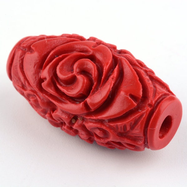10 Small Red Barrell Cinnabar Carved Flower Pattern Beads 17 x 9mm