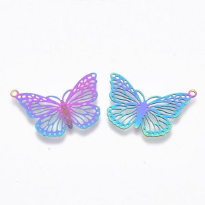 10 Rainbow Stainless Steel Butterfly Charms 18x26mm, Multi-colored