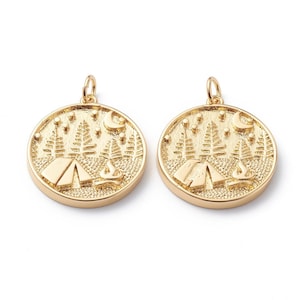 2 Gold Plated Brass Camping Charm, 20mm, Tent, moon, tree, fire