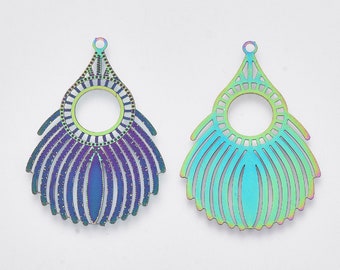 50 Pcs Rainbow Stainless Steel Filigree Feather Pendants – Etched Metal Embellishments For Jewelry Making