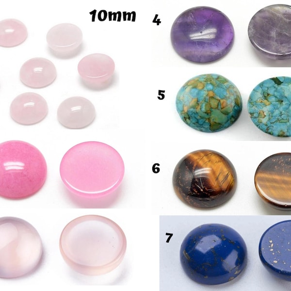 10mm Stone Cabochon Round, 6 pcs, Rose Quartz, Amethyst, Tigers Eye, Pink Jade, Chalcedony, Turquoise, Lapis