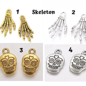 10 Skeleton, Skull Charm, Halloween, Day of the Dead, Silver, Gold