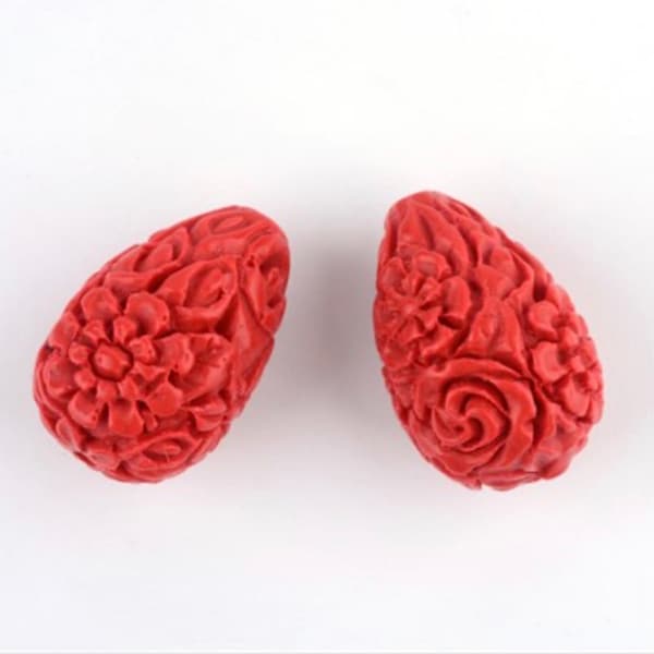 6 Cinnabar Carved Flower Pattern Beads 20 x 13mm