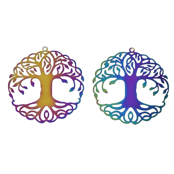 Rainbow Stainless Steel Tree of Life Charms 40mm, Multi-colored