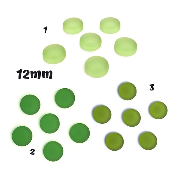 10 Green Sea Glass Cabochons 12mm Round Matte, Peridot, Shamrock, Olivine