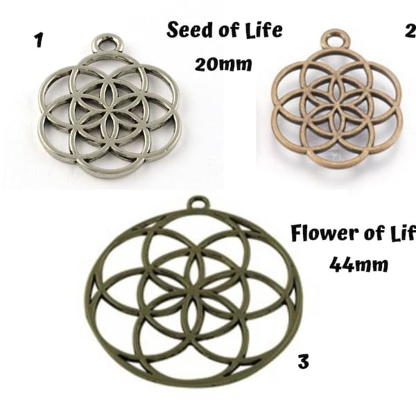 10 Seed of Life, Flower of Life Charms Antiqued Silver, Bronze, 20mm, 44mm, Sacred Geometry