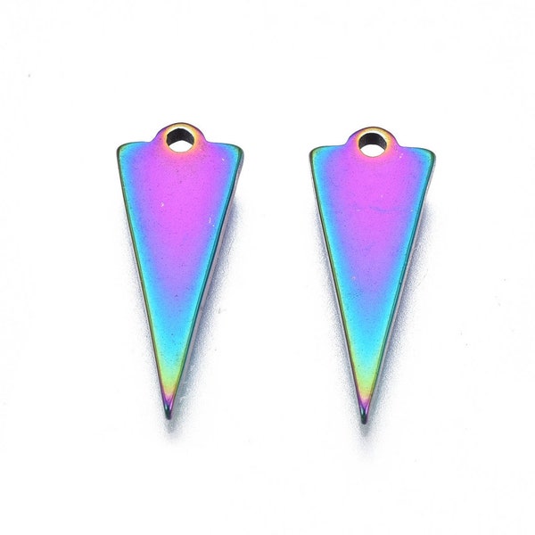 10 Rainbow Stainless Steel Triangle Charms 15x5mm, Multi-colored