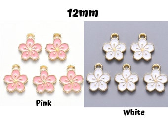 10 Cherry Blossom Enamel Flower Charms 12mm, Pink or White