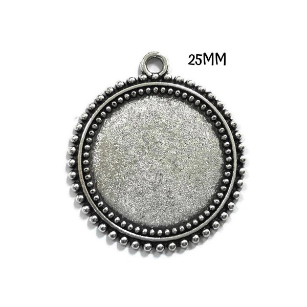 5 Antiqued Silver Pendant Tray Cabochon Setting 25mm Tray