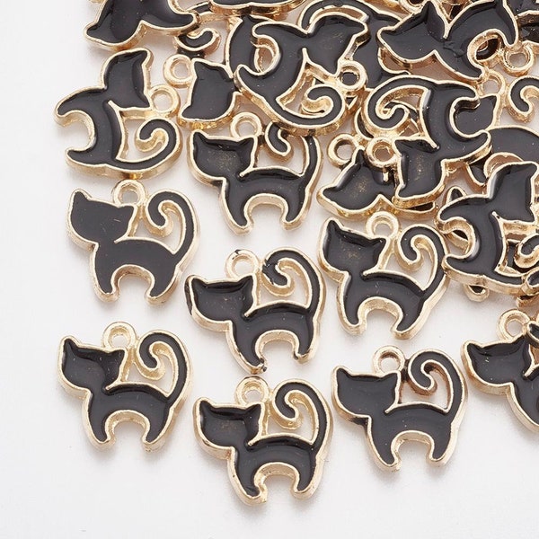 10 Enamel Black Cat Charms 12mm