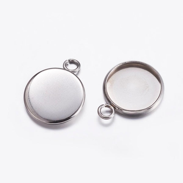 Stainless Steel 12mm Pendant Tray Cabochon Setting Platinum