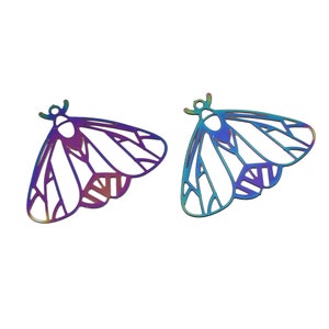 10 Rainbow Stainless Steel Moth Charms 21x27mm, Multi-colored