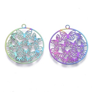 10 Rainbow Stainless Steel Round Butterfly Charms 21mm, Multi-colored