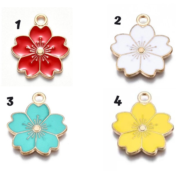 10 Enamel Flower Charms 18mm, Poinsettia, Cherry Blossom, Red, Yellow, White, Turquoise