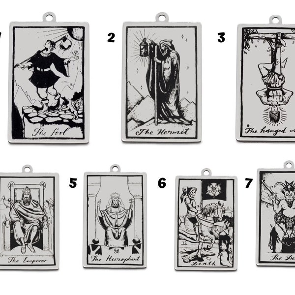 Tarot Charm Stainless Steel 40x24mm, Fool, Hermit, Emperor, Hierophant, Devil, Hanged Man, Death