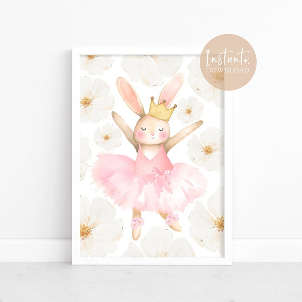 Bunny Ballerina Print, SALE Digital Download, Girl's Room Decor, Pink Tutu, Nursery Wall Art, Child's Room Decoration, Ballerina Art,