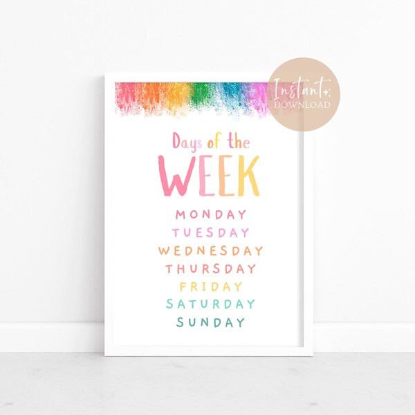 Educational Poster for Kids, Days of the Week, Educational poster, for the playroom, nursery decor,  Educational Wall Art for kids.