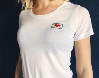 Embroidered T-shirt "Heart Envelope Emoji" // Size S // Women's cut