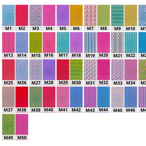 May include: A chart of 50 different fabric patterns, each measuring 15x15cm. The patterns are a mix of colors and designs, including floral, geometric, and abstract.