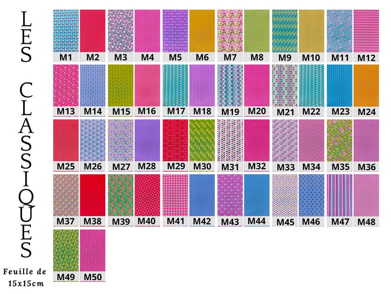 May include: A chart of 50 different fabric patterns, each measuring 15x15cm. The patterns are a mix of colors and designs, including floral, geometric, and abstract.