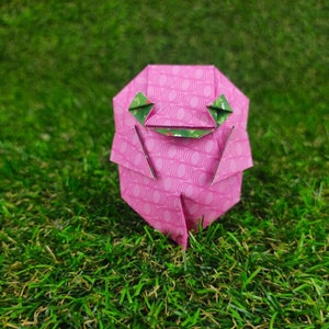 Op de afbeelding: Een roze origami kikker met groene ogen en een patroon. De kikker zit op een groene grasmat.