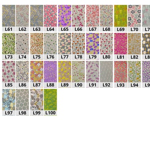 May include: A chart of 100 different fabric patterns, each measuring 20x20 cm. The patterns are mostly floral and feature a variety of colors, including pink, yellow, green, and blue.