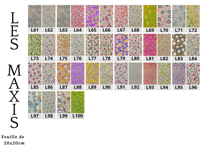 May include: A chart of 100 different fabric patterns, each measuring 20x20 cm. The patterns are mostly floral and feature a variety of colors, including pink, yellow, green, and blue.