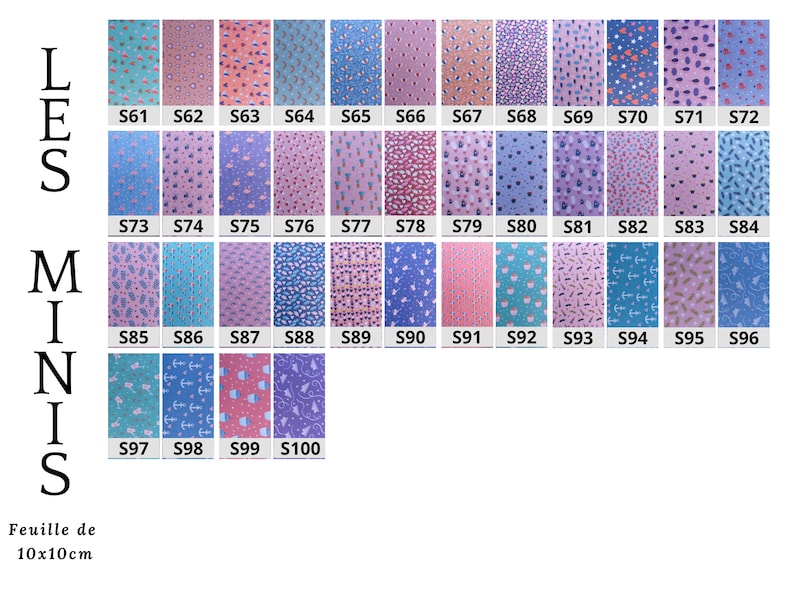 May include: A collection of 100 fabric squares, each with a different pattern. The squares are arranged in rows and columns, and each square is labeled with a number. The fabric squares are all 10 cm by 10 cm.