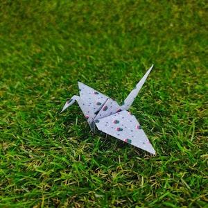 以下が含まれることがあります： 緑の芝生の上に、白と赤のドット柄の灰色の折り紙鶴が置かれている。