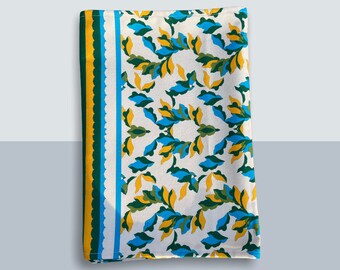 Retro Leaf Print Table Runner: Organic Cotton, Blue & Green