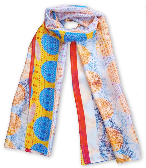 Blue and yellow Circle print scarf, Large Silk wra