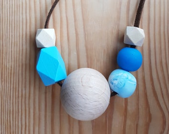 Blue statement necklace / Blue geometric necklace / Wood and clay beads