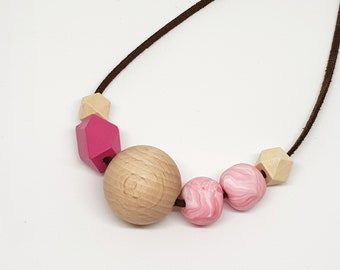 Hot pink necklace, Boho necklace, Beaded necklace, Wood and clay necklace